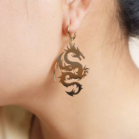 Big Dragon Metal Statement Drop and Dangle Earrings - Picture 2 of 4
